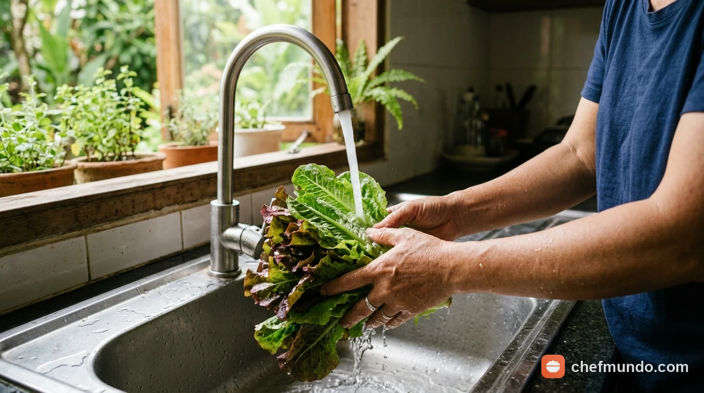 Hai tay đang rửa kỹ từng lá xà lách dưới vòi nước chảy
