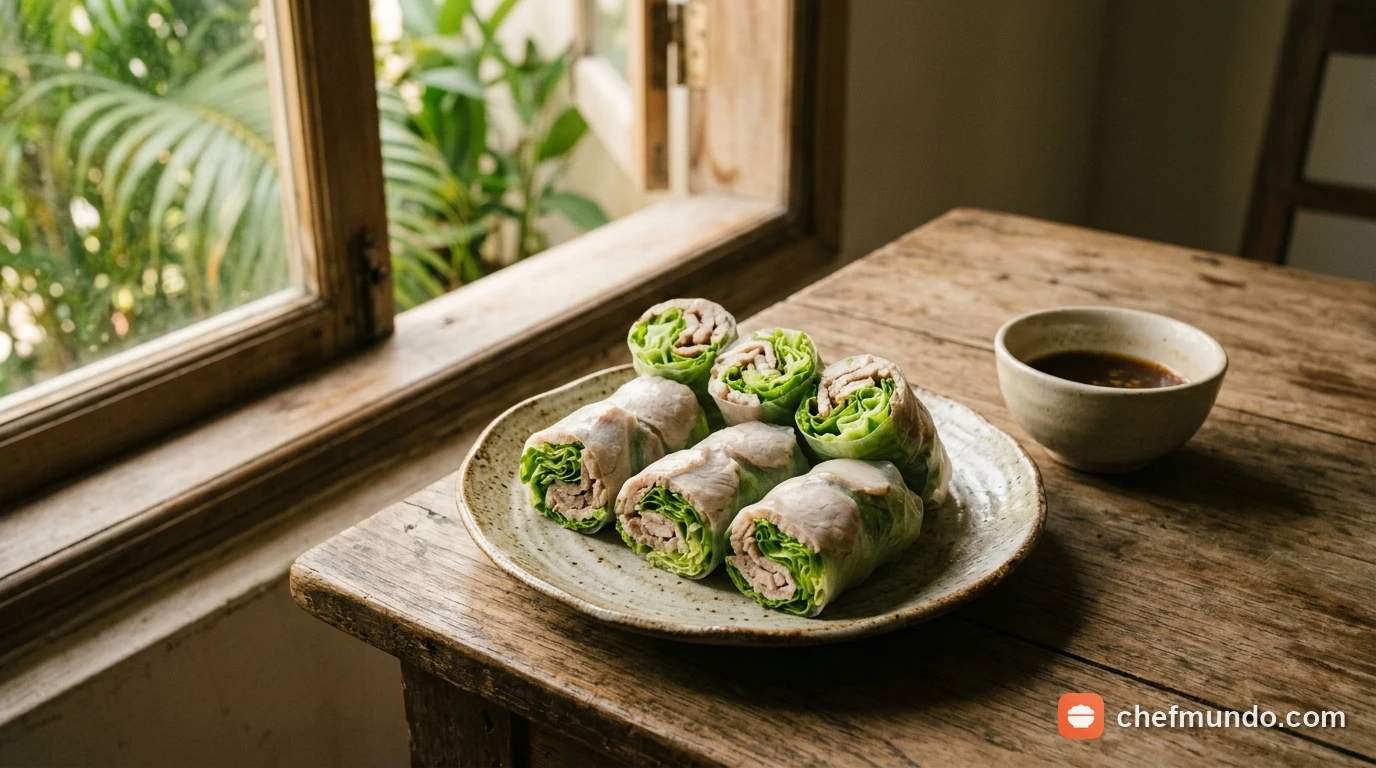 Đĩa gỏi cuốn thịt lợn dùng xà lách mỡ làm phần nền xanh tươi
